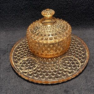 Depression Glass Tray and Powder Jar with Cover. Pink Hobnail Glass circa 1930’s